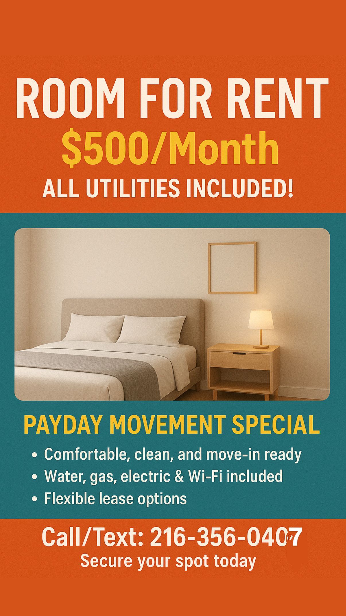 Room for rent ad: $500/month, all utilities included, furnished bedroom, call/text 216-355-0407.
