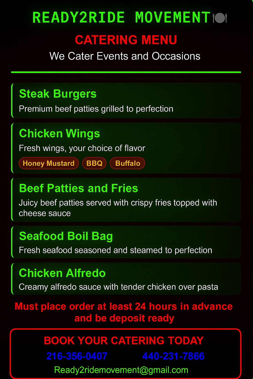 Ready2Ride Movement catering menu poster with neon green text on black background