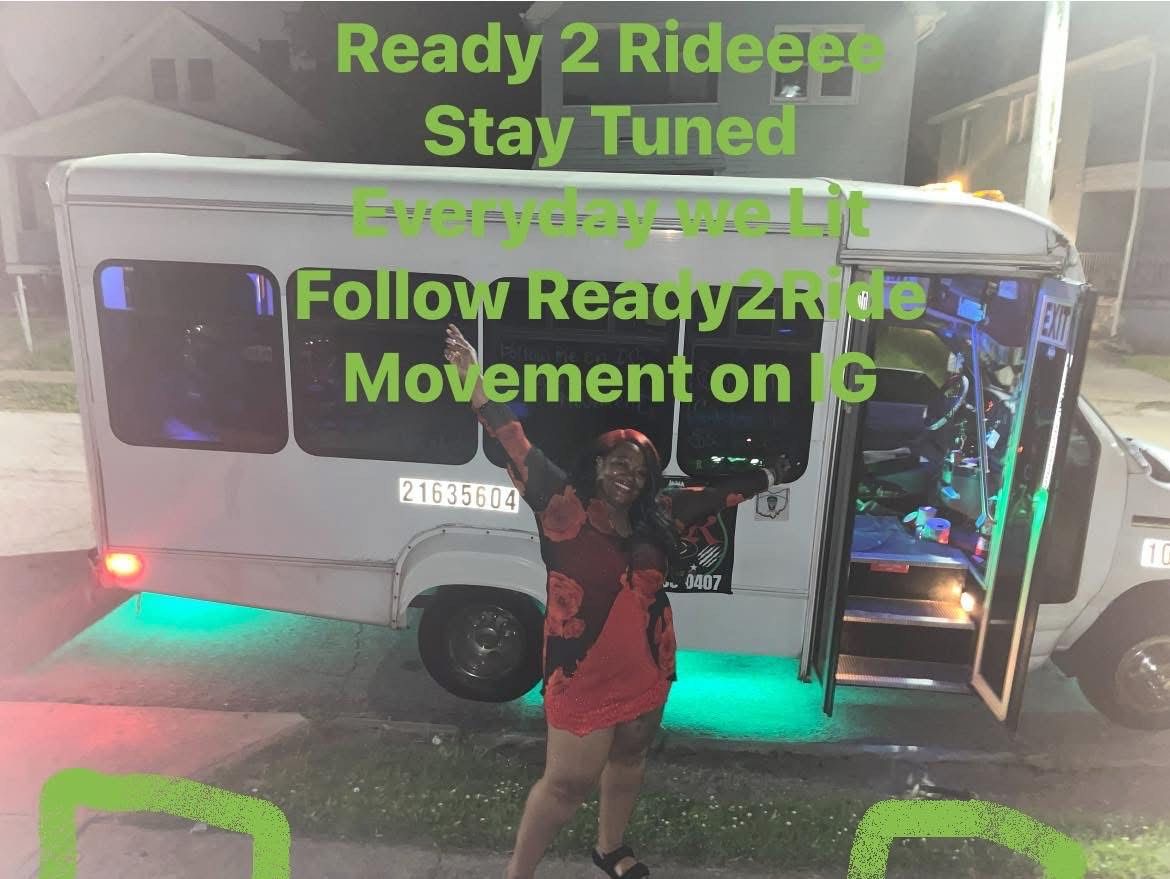 Person standing beside a lit white van at night with green text overlay promoting Ready 2 Ridee on IG