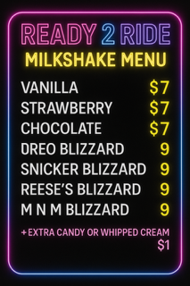 Neon-lit milkshake menu sign with vanilla, strawberry, chocolate, and Blizzard flavors and prices