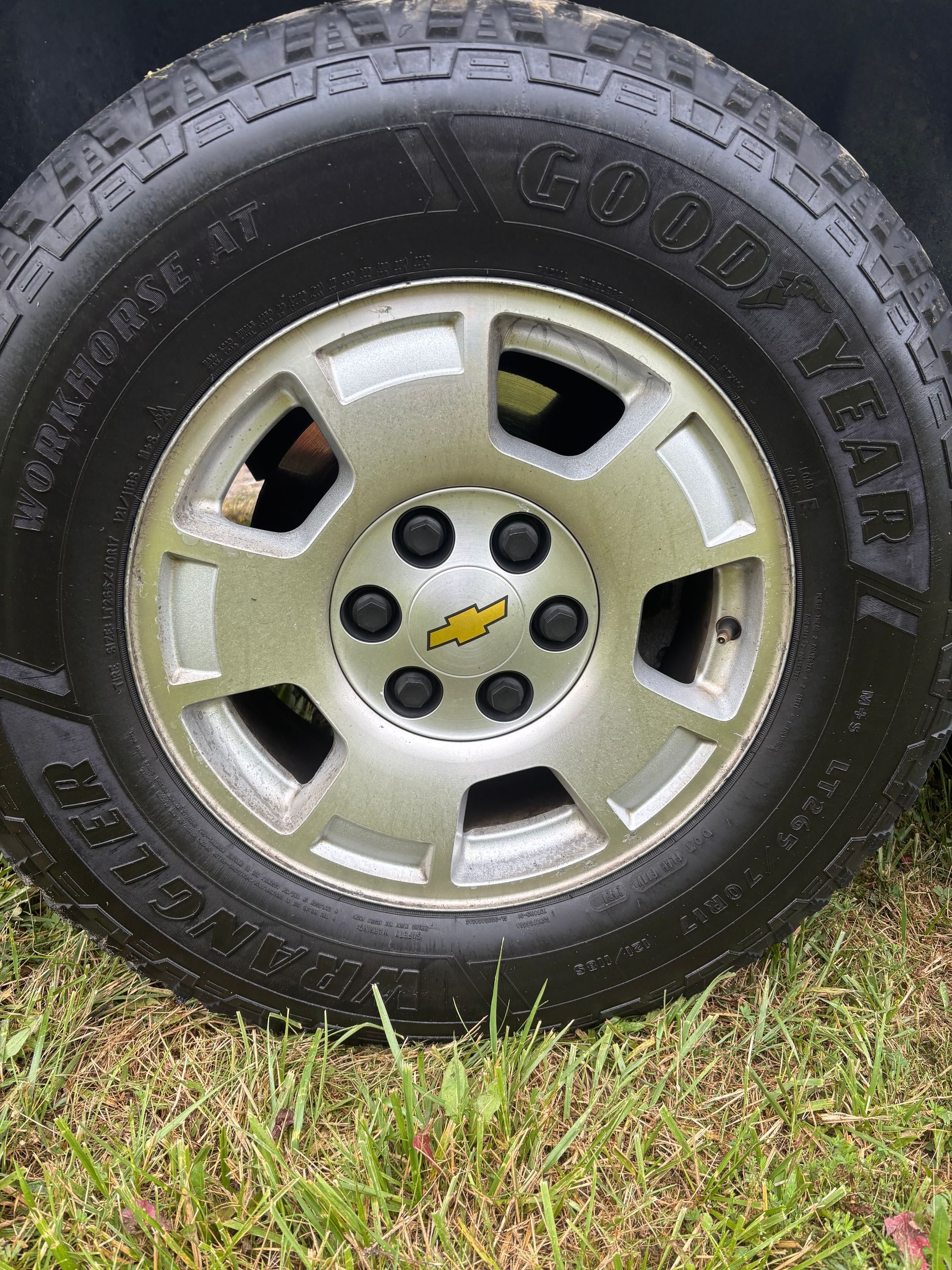 Silver SUV wheel and tire on grass, close-up view