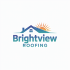 Logo for Brightview Roofing: House silhouette, sun, teal text.