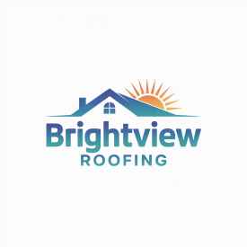 Logo for Brightview Roofing: House silhouette with sun, blue to green text.