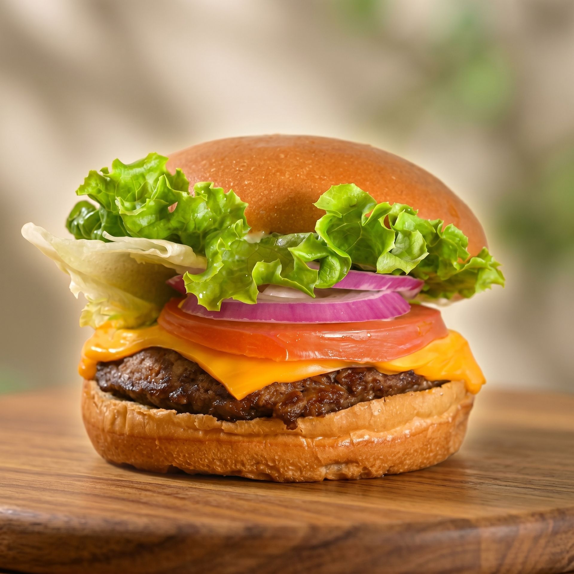 Cheeseburger with lettuce, tomato, and onion on a wooden board, close-up against a blurred background