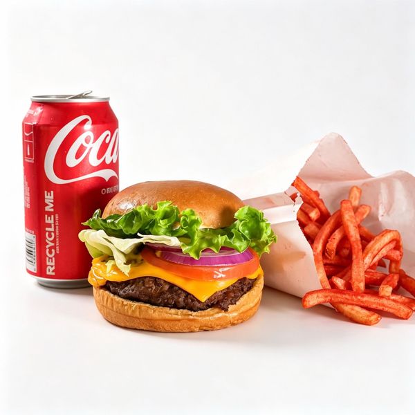 Burger, fries, and a Coca-Cola can on a wooden table.