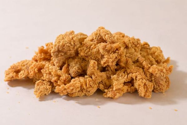 Fried popcorn chicken on a black background with the label “Popcorn Chicken” and “Sides & Snacks”