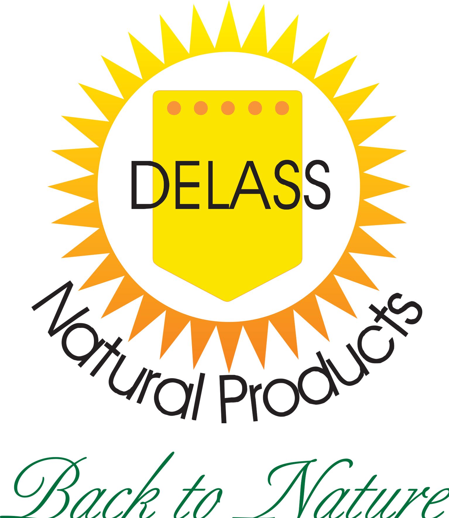 A logo for delass natural products with a sun in the center