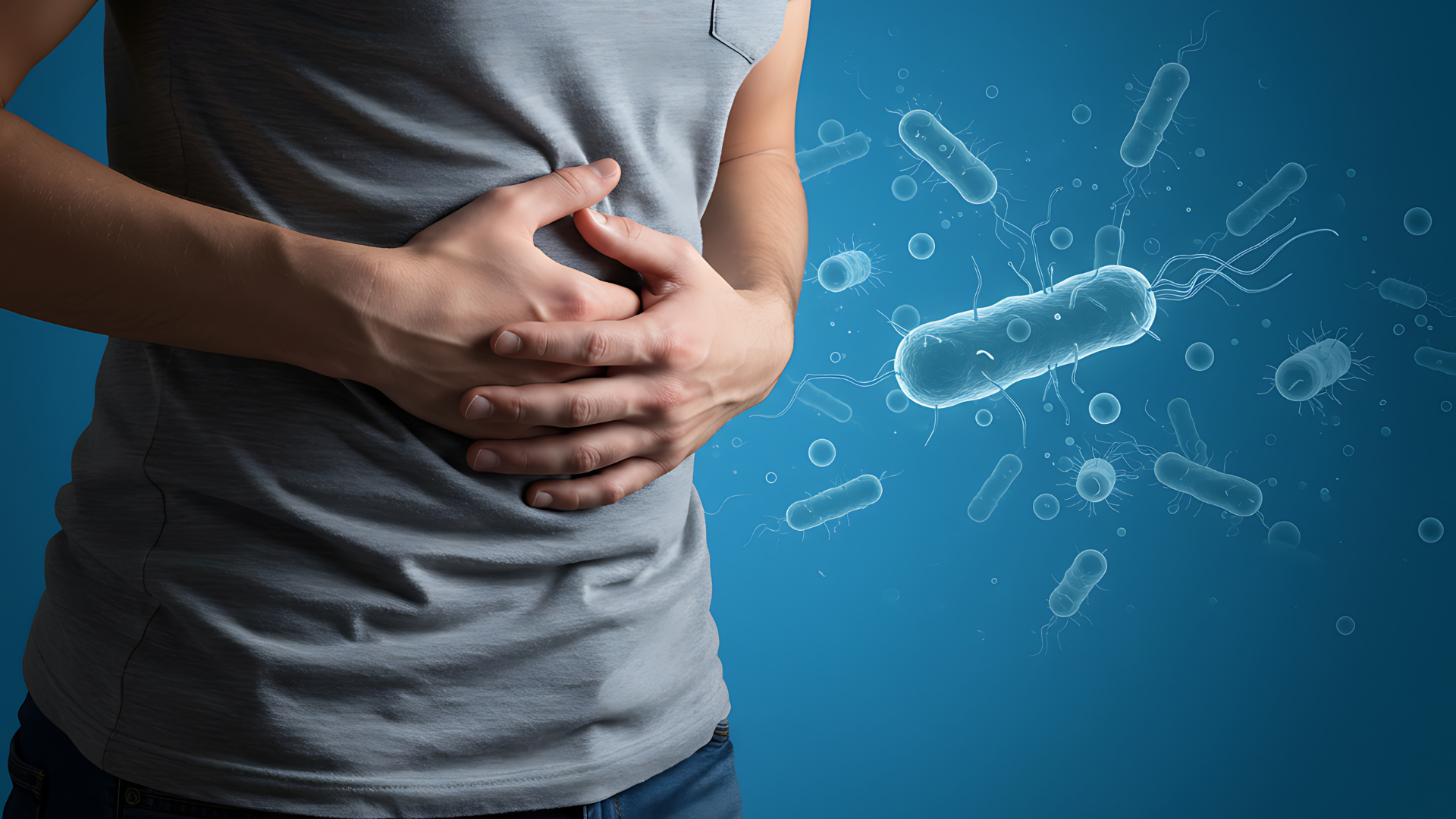 Person holding stomach, bacteria graphic.