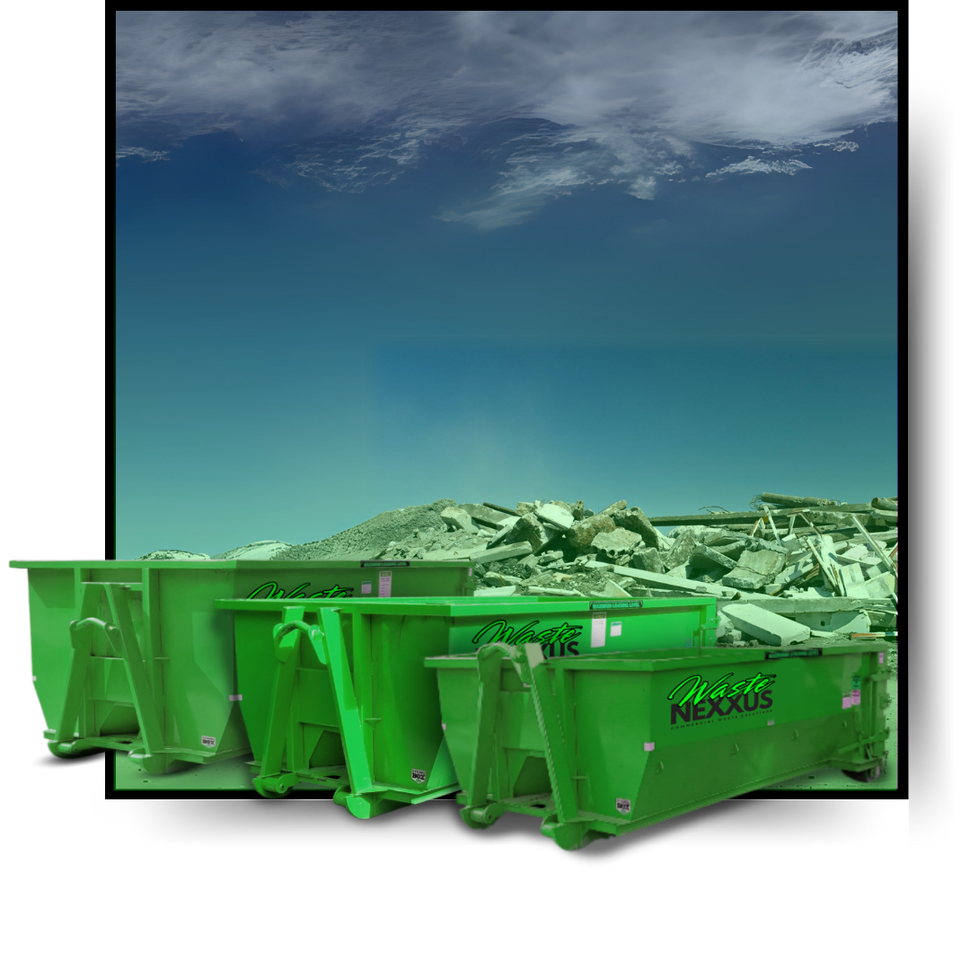 Waste Nexxus Dumpsters with rubble in the background