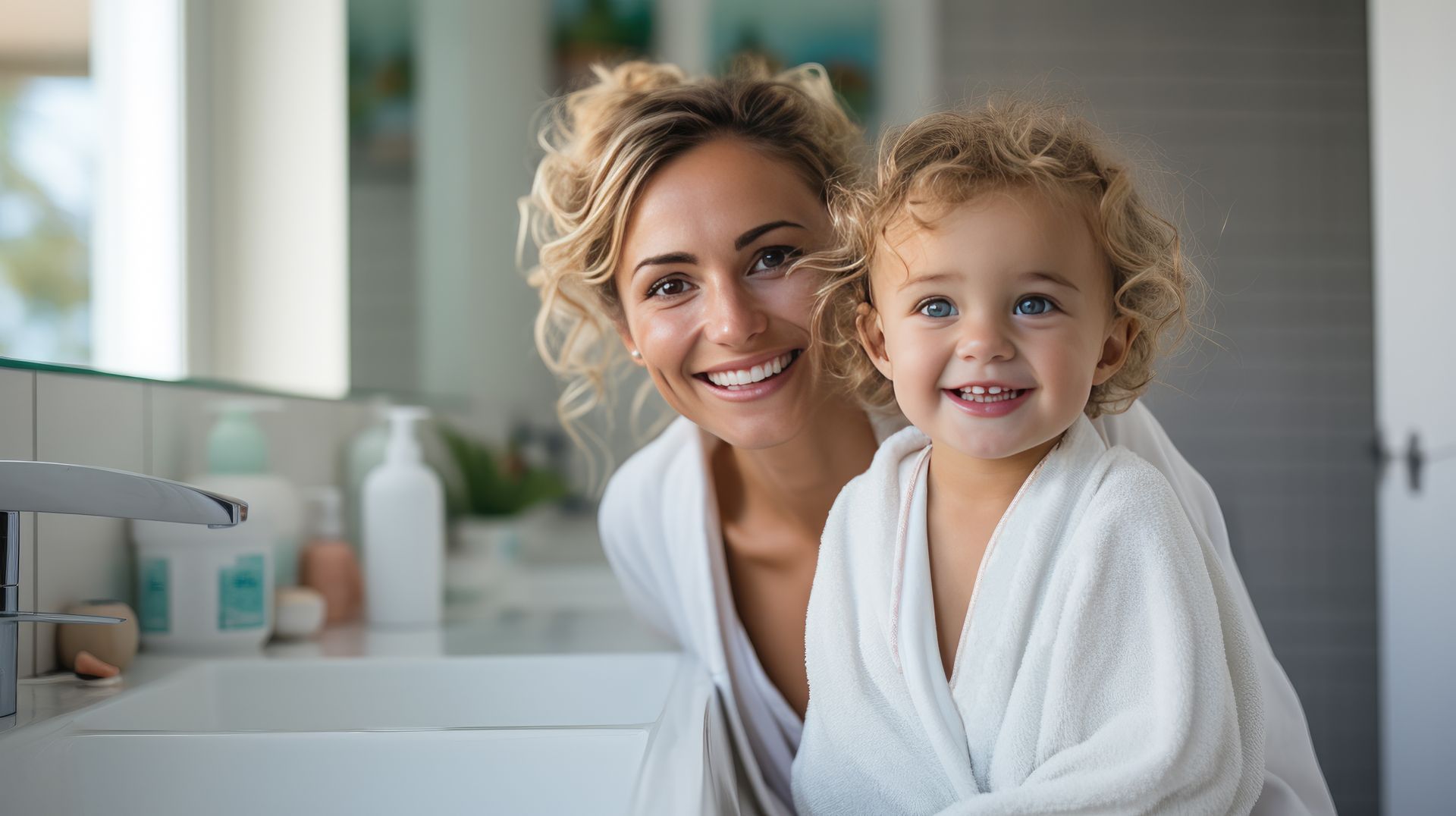 A woman and a child are sitting next to each other in a bathroom.