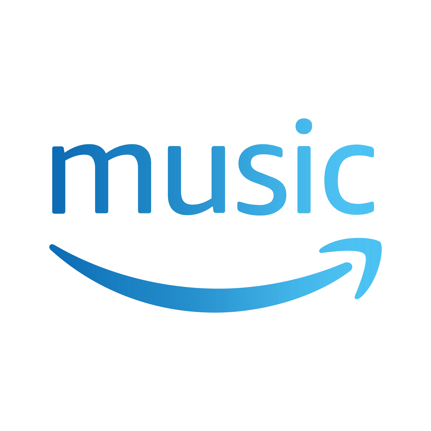 The amazon music logo is blue and has an arrow pointing to the right.