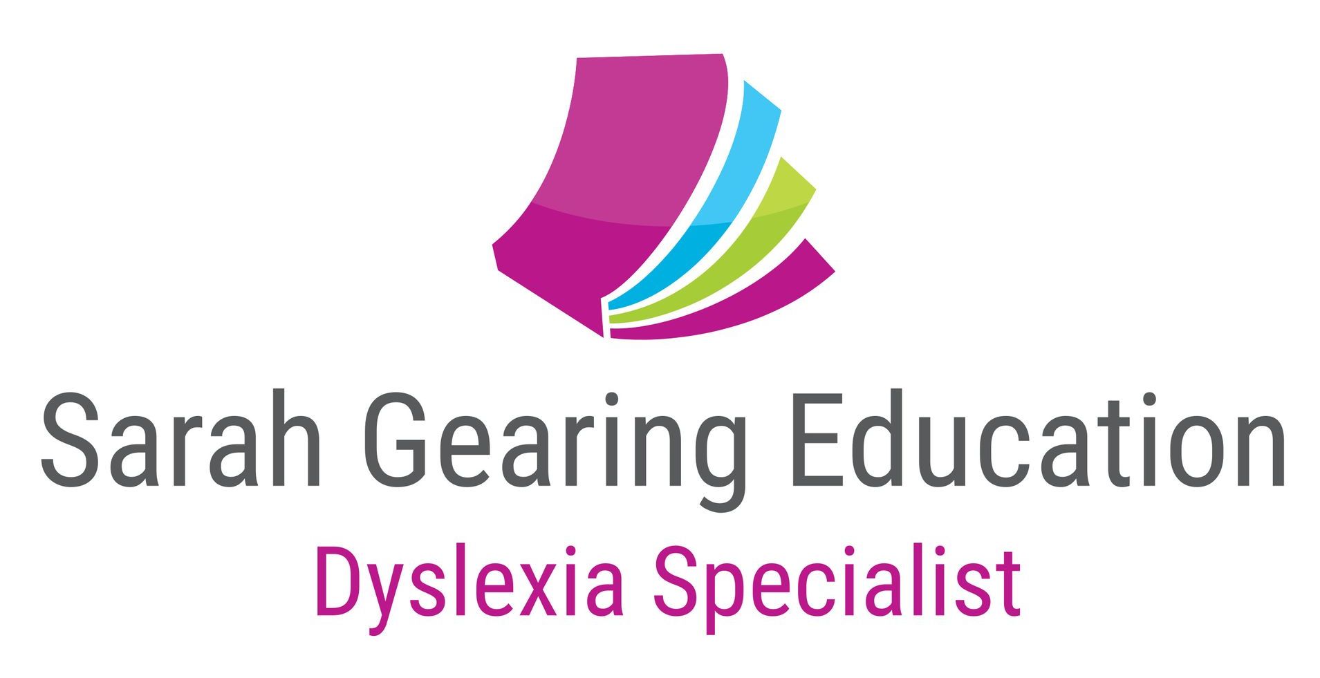 Logo for Sarah Gearing Education. Purple, blue, and green layered shapes above the text