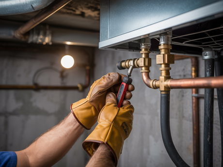 Gloved hands adjusting a valve under a metal appliance with pipes and hoses attached