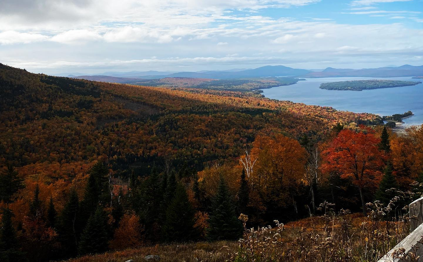 Autumn forest overlooking a blue lake and distant islands under a cloudy sky