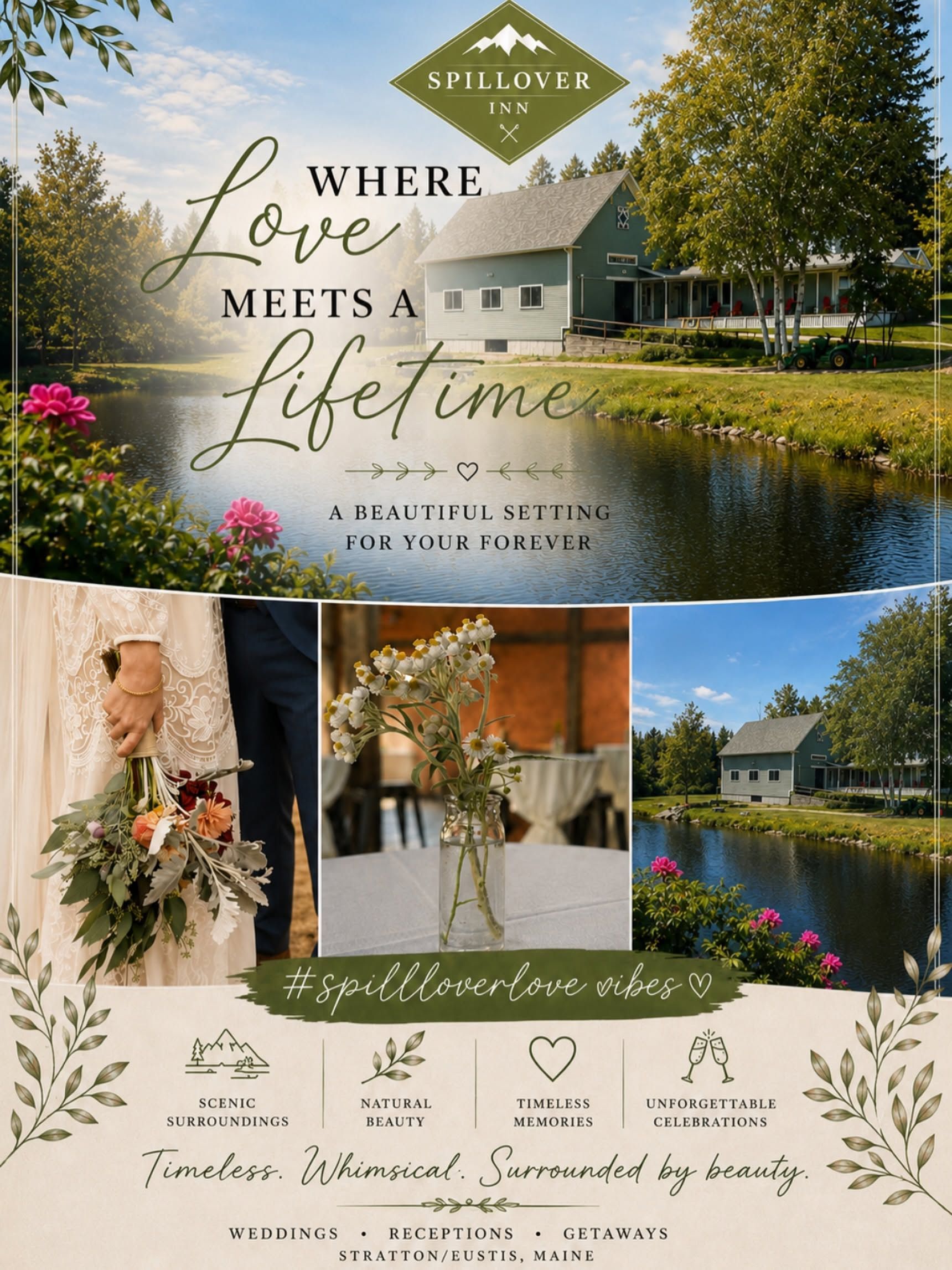 Wedding venue collage with lakeside barn, floral details, and “Where love meets a lifetime” text