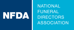 NFDA logo in white on dark blue beside National Funeral Directors Association in white on teal