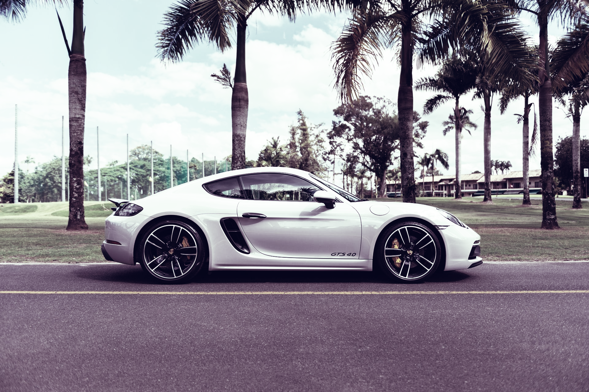 Ein weißer Porsche 718 Cayman GT4 RS parkt auf einer von Palmen gesäumten Asphaltstraße unter strahlend blauem Himmel.