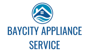 Logo for Baycity Appliance Service: Blue house and waves in circle above text "Baycity Appliance Service".