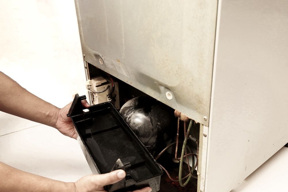 Hands holding a black panel, revealing a refrigerator's compressor and components in a white-walled setting.
