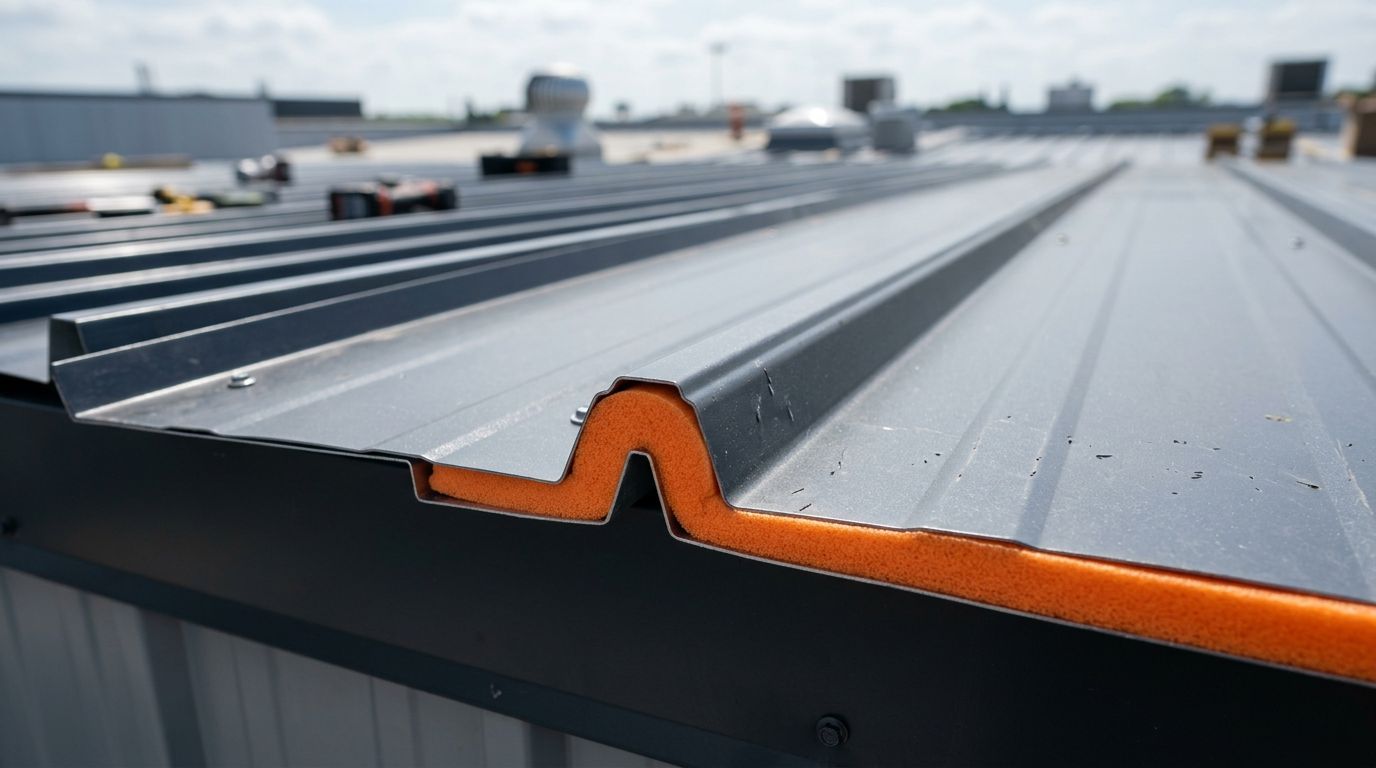 Worker applying sealant to a green corrugated metal roof while kneeling in a harness and cap