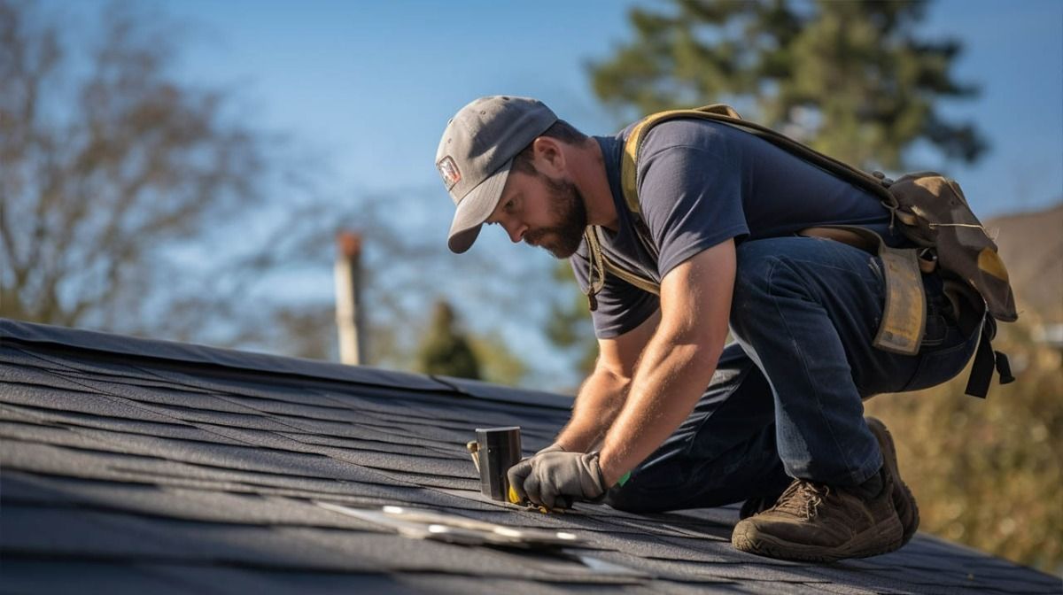 Two workers on a roof repairing tiles on a beige house under a clear blue sky