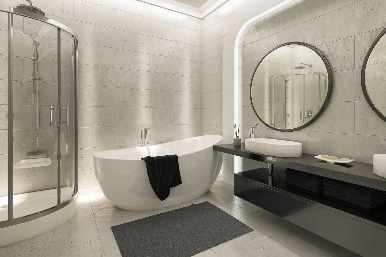 Modern bathroom with a bathtub, shower, two sinks with round mirrors, and a black cabinet.