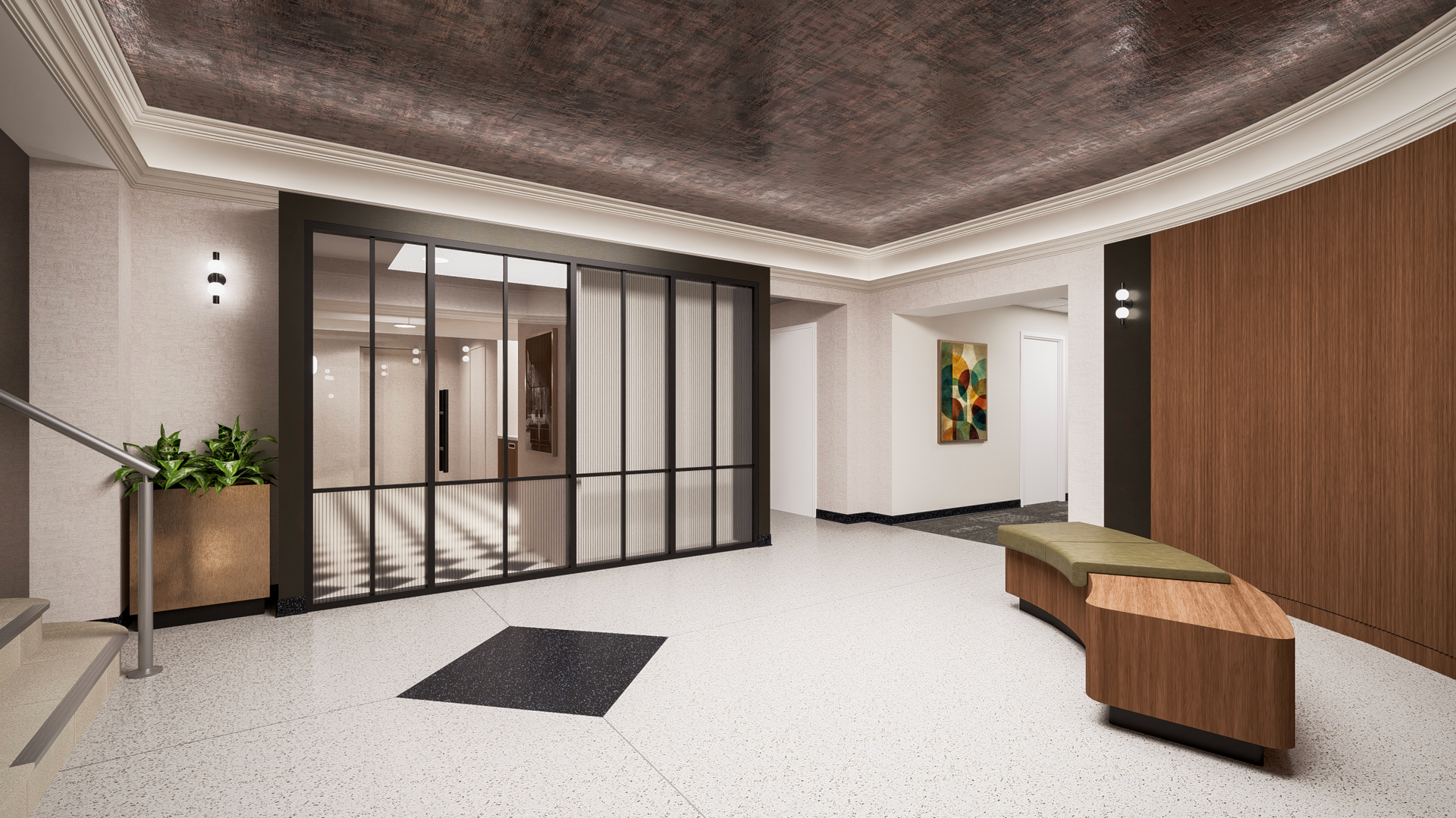 Modern office lobby with glass doors, wood accents, white floor, and a bench planter