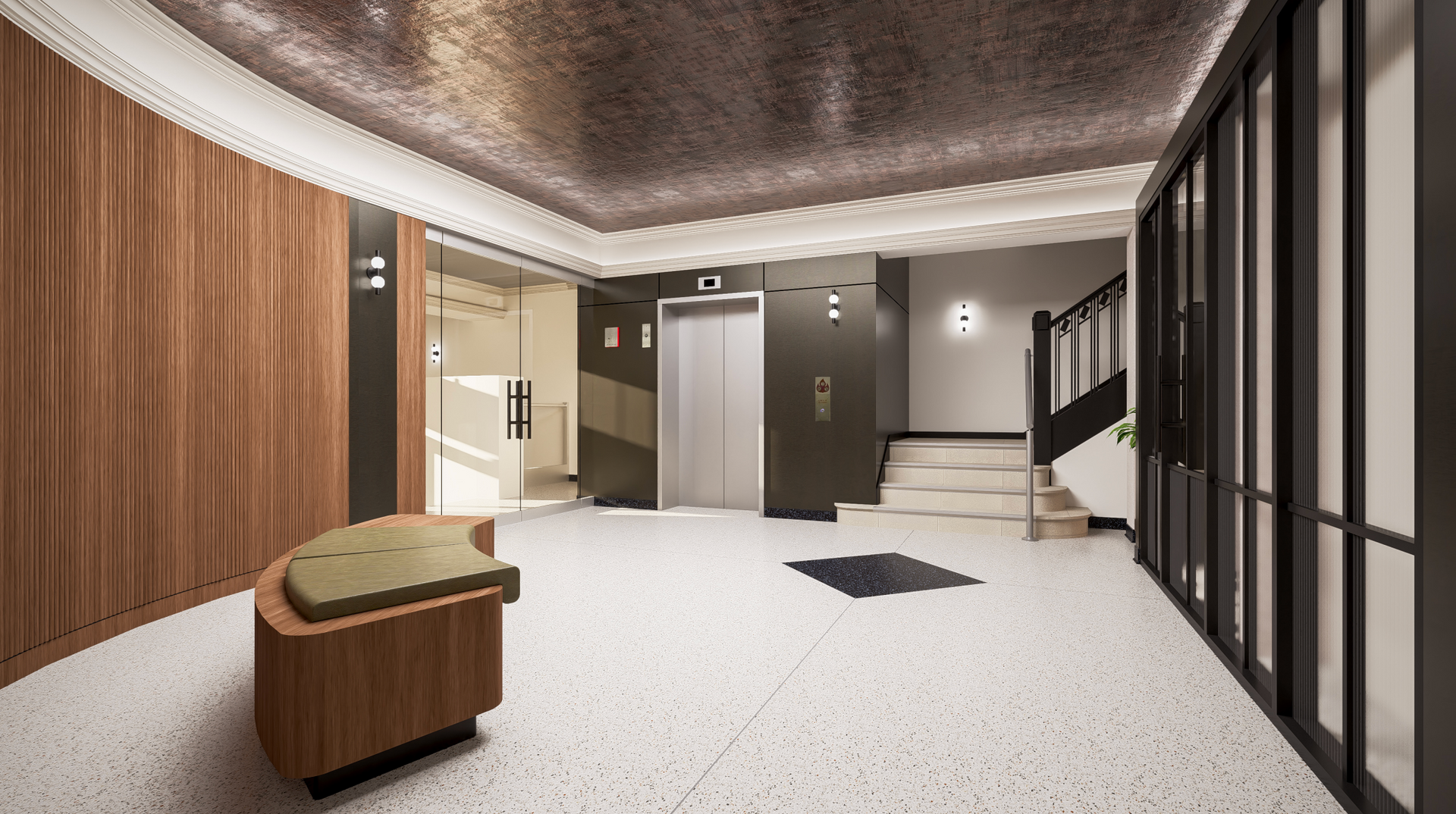 Modern lobby with wood paneling, white floor, elevators, and glass doors