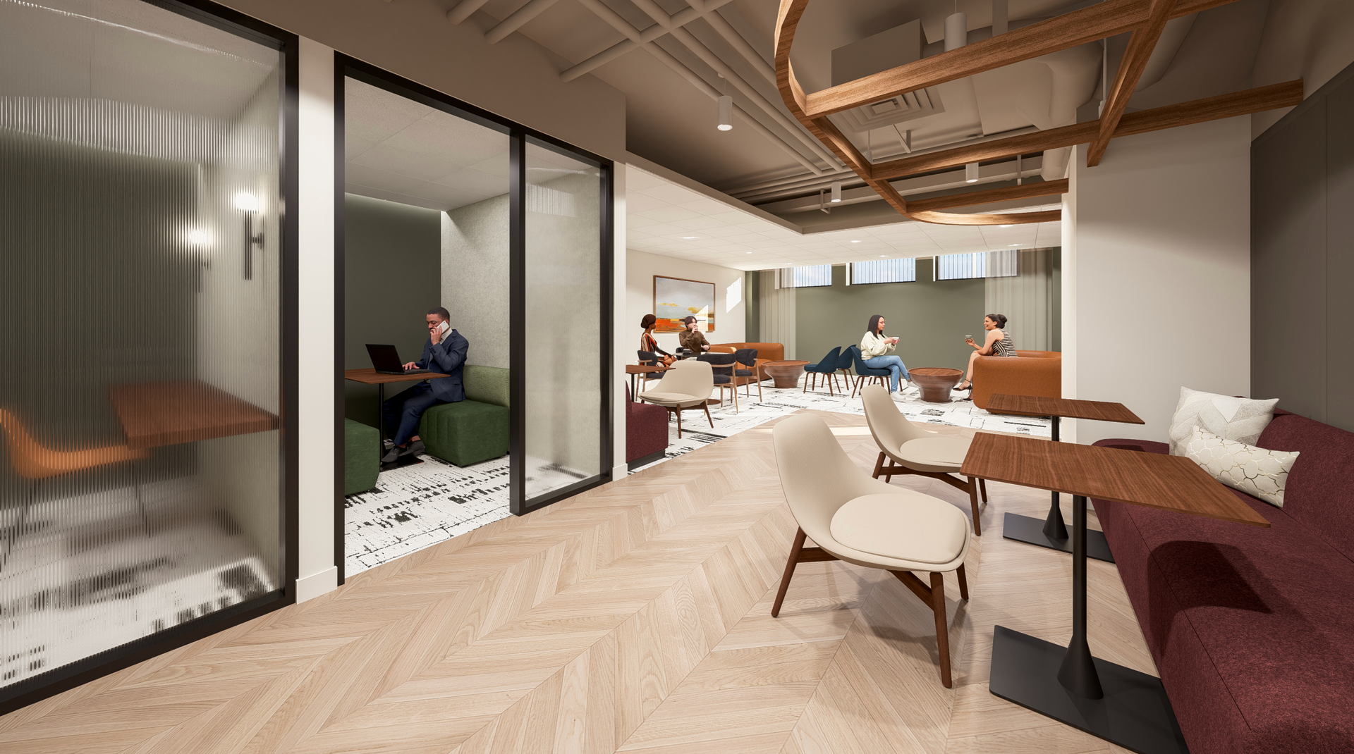 Modern coworking lounge with people working at tables, glass booths, and warm wood accents