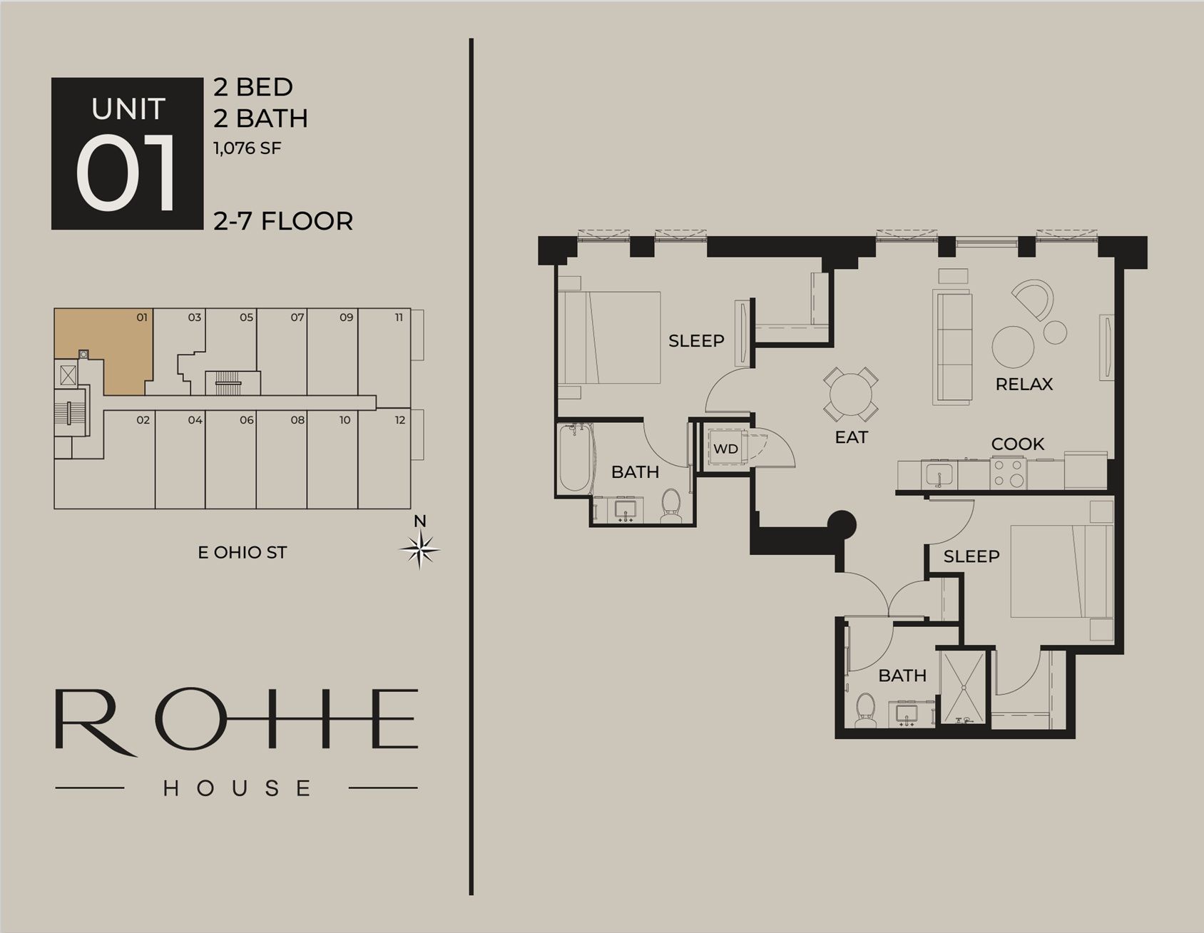 Floor plan for Unit 01, a 2-bed, 2-bath 27th-floor apartment with kitchen, living area, and balcony.