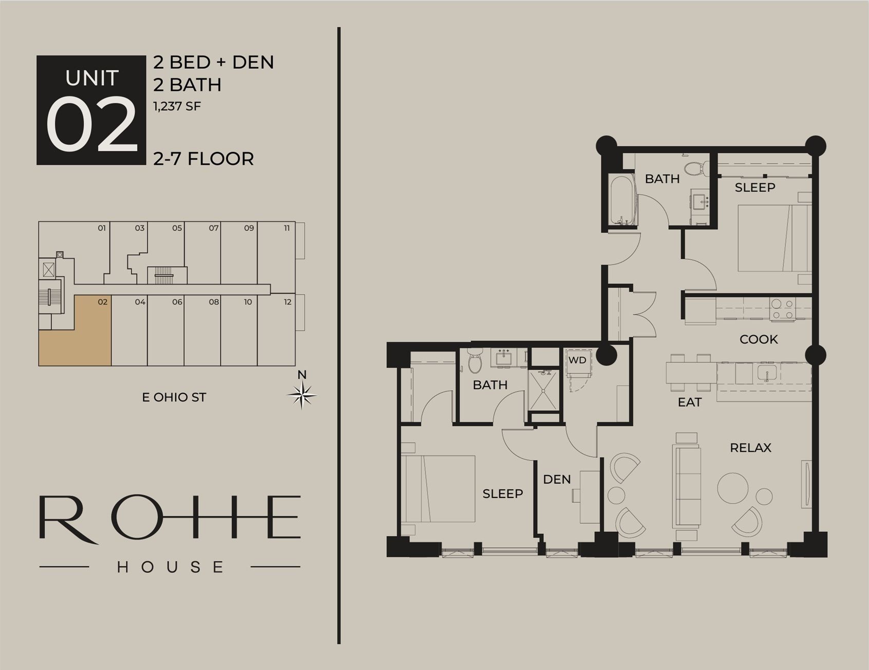 2-bedroom den apartment floor plan at Rohe House, Unit 02, 27th floor, shown in black and beige.
