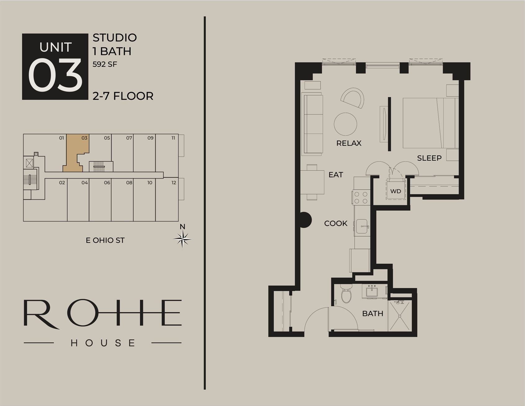 Studio apartment floor plan for Unit 03 in ROHE House, with layout and dimensions on beige background