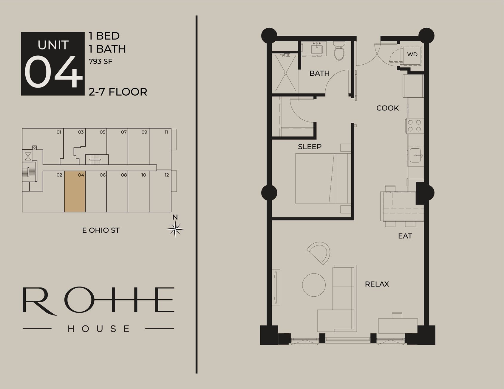 Apartment floor plan for Unit 04, 1 bed/1 bath, with plan view and room layout.