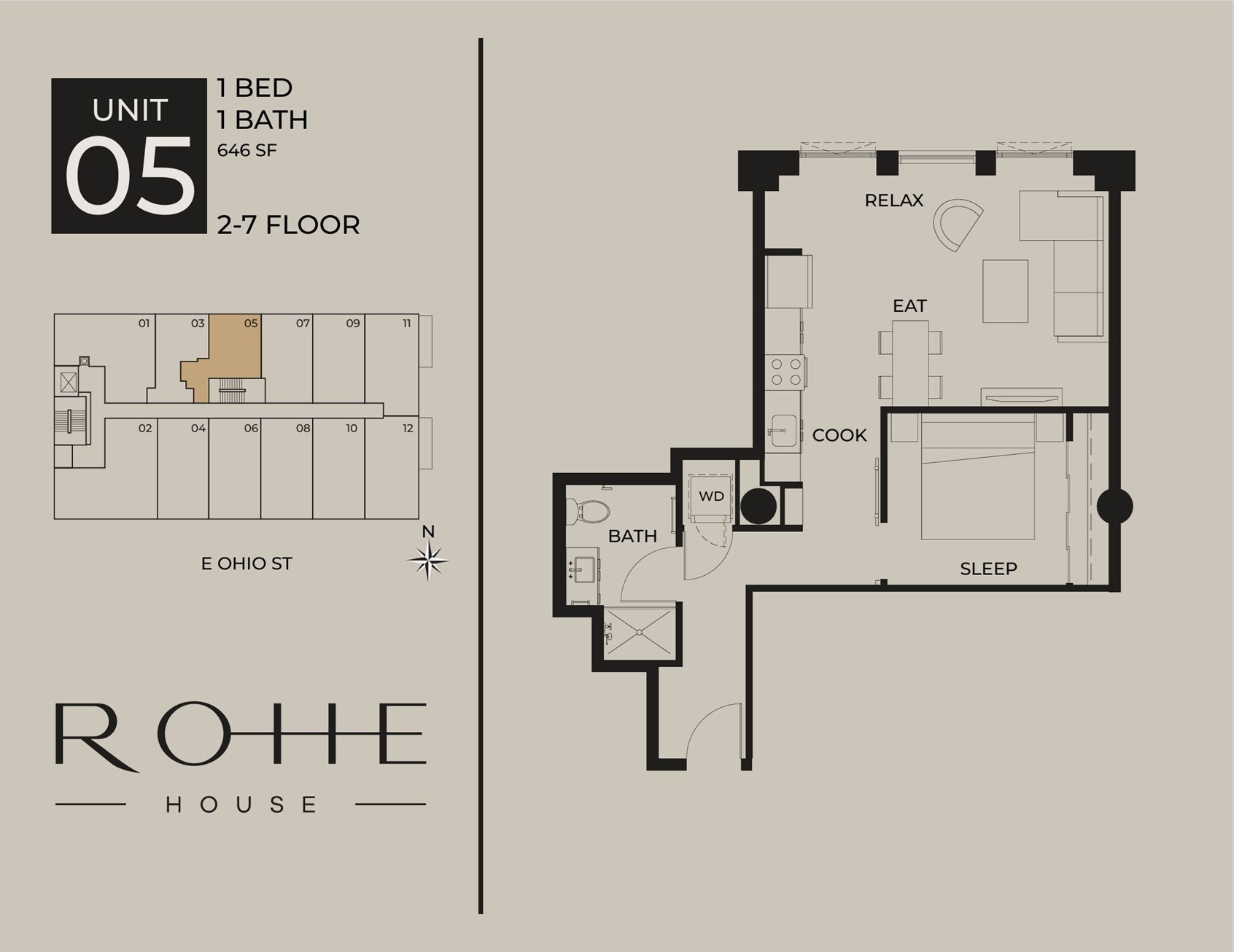 Unit 05 apartment floor plan with 1 bedroom, 1 bath, and balcony at Rohe House.
