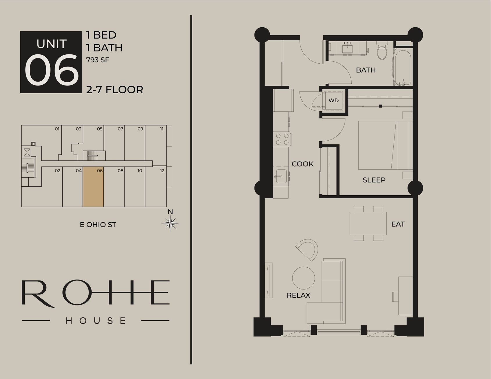 Floor plan for Unit 06 at Rohie House, showing a one-bedroom, one-bathroom layout with kitchen and living area.