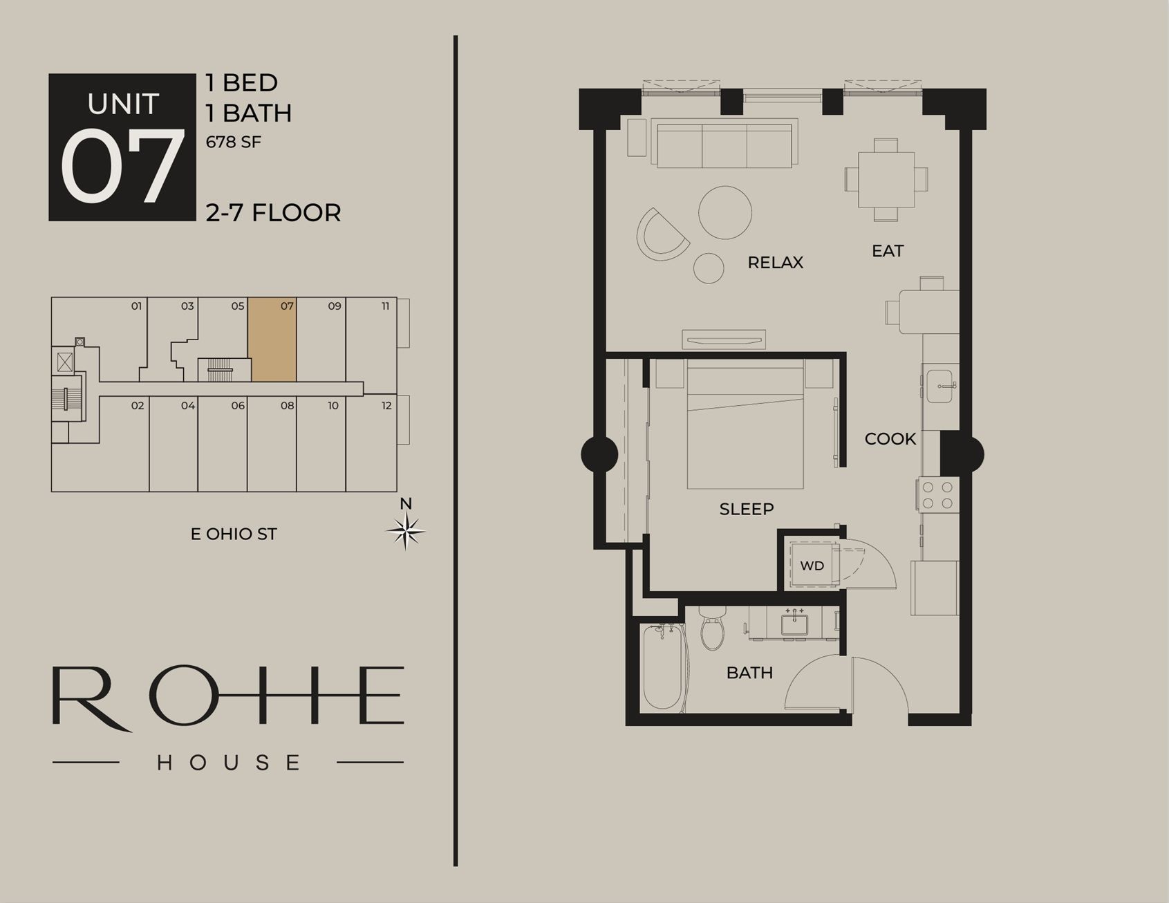 Floor plan for Unit 07, 1 bed, 1 bath, 776 sq ft, with layout and ROHE House branding.