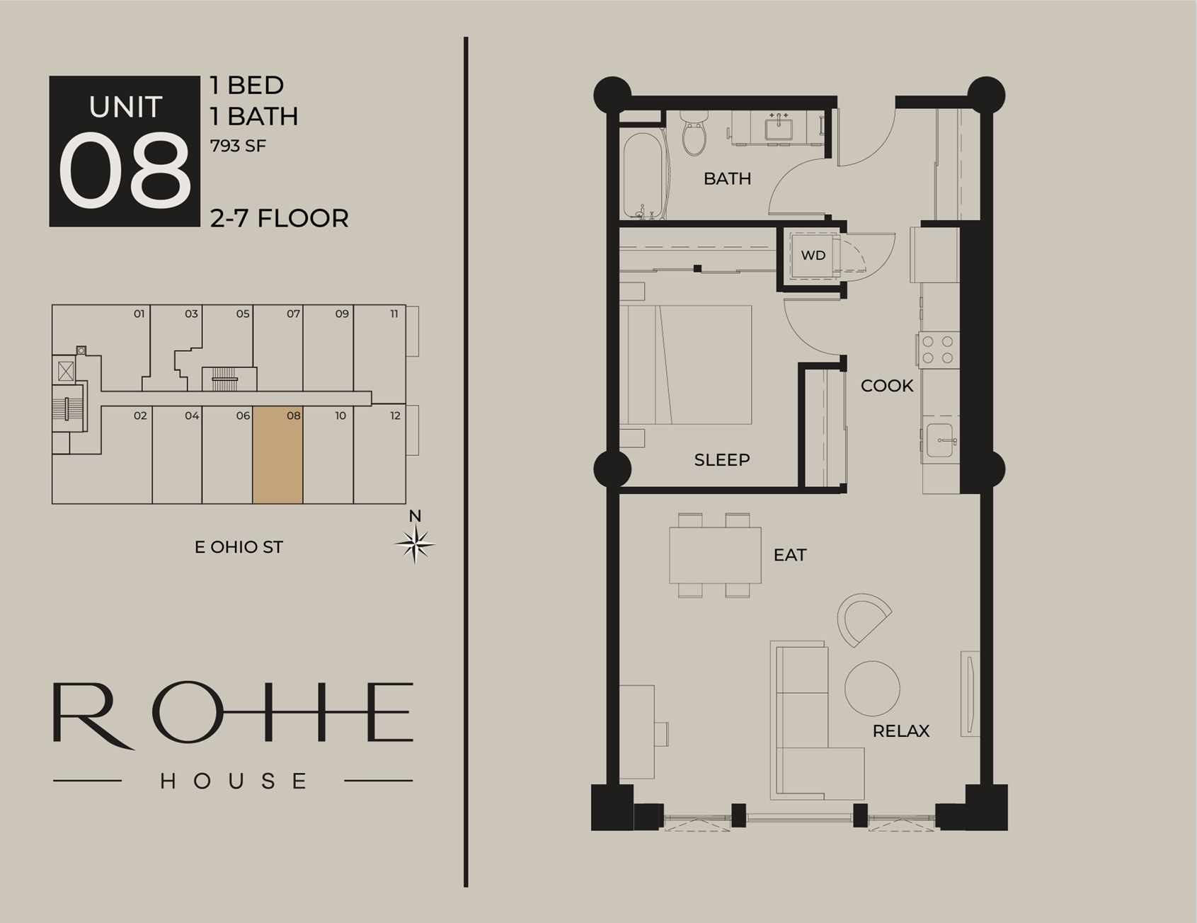 2-bed apartment floor plan for Unit 08, Rove House, with living, kitchen, bath, and bedroom layout.