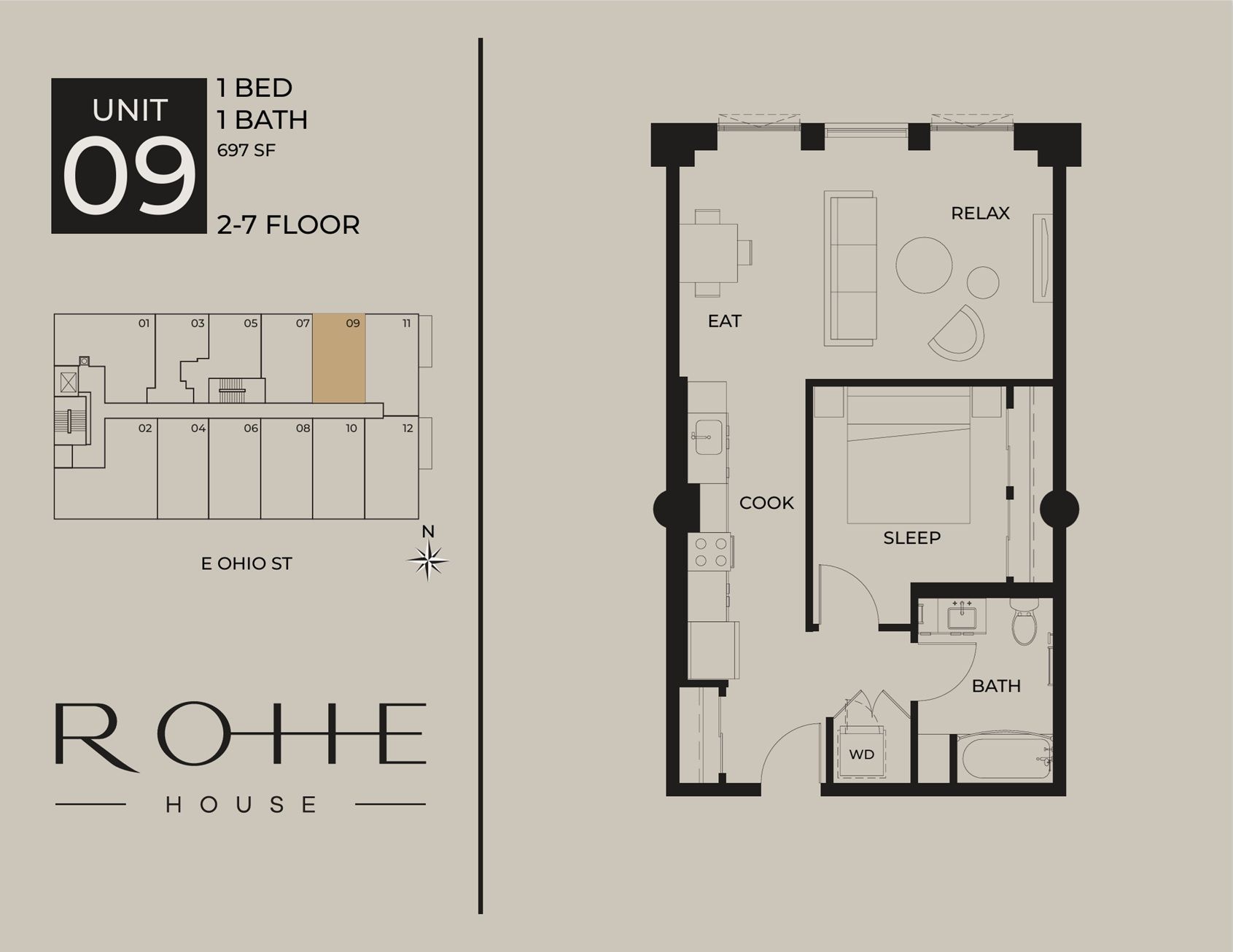 Apartment floor plan for Unit 09, 1 bed, 1 bath, 291 sq ft, with living room, kitchen, bath, and balcony.