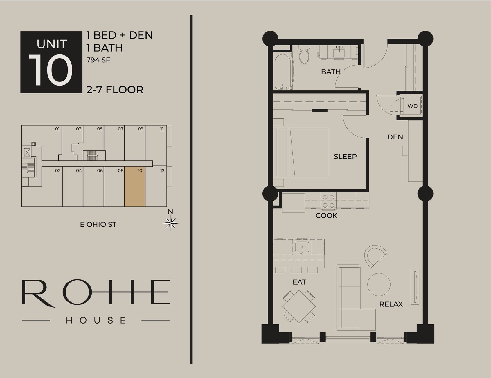 Unit 10 1-bed + den floor plan at Rohde House, showing layout and rooms