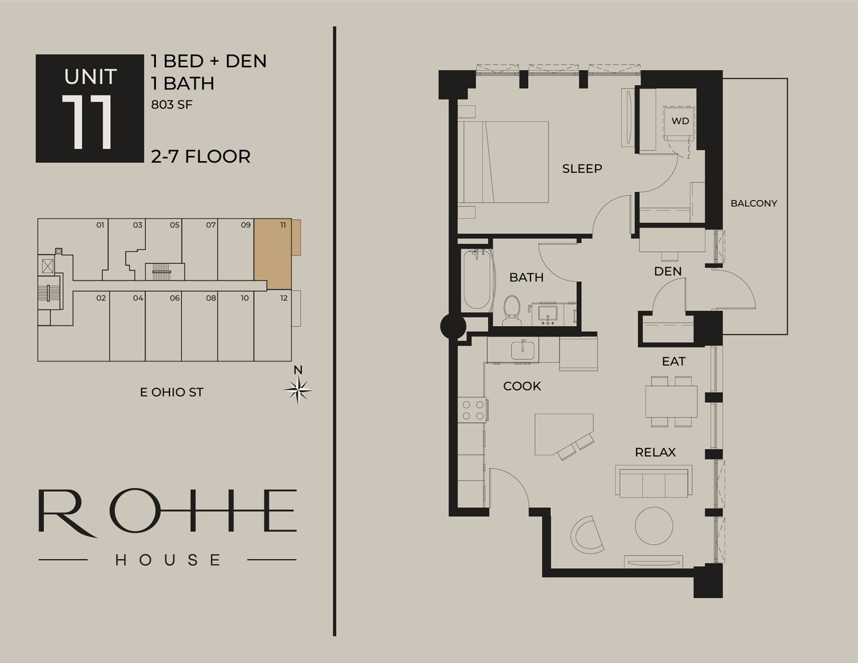 Rohe House Unit 11 floor plan, 1 bed 1 bath den, 2nd floor layout with measurements