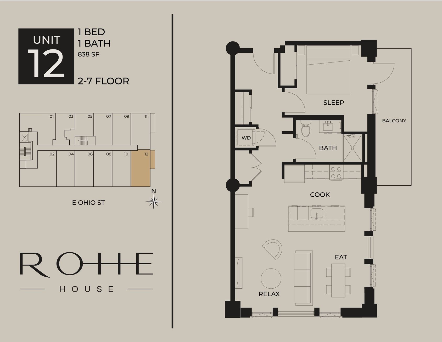 Unit 12 1-bed 1-bath 2-7 floor plan for Rohe House, with labeled rooms and layout.