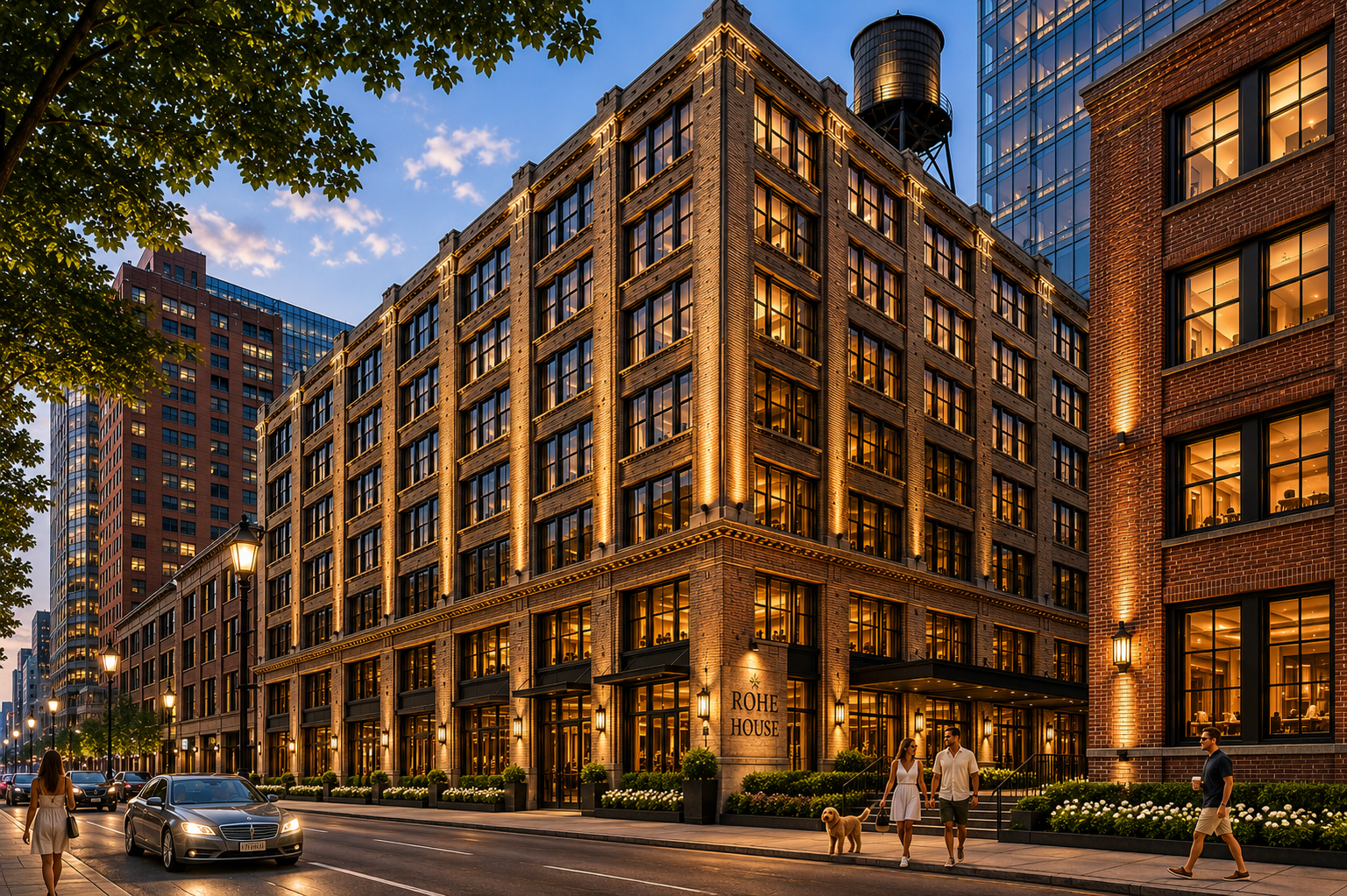 Historic brick apartment building at dusk on a city street, with warm lights and cars passing by