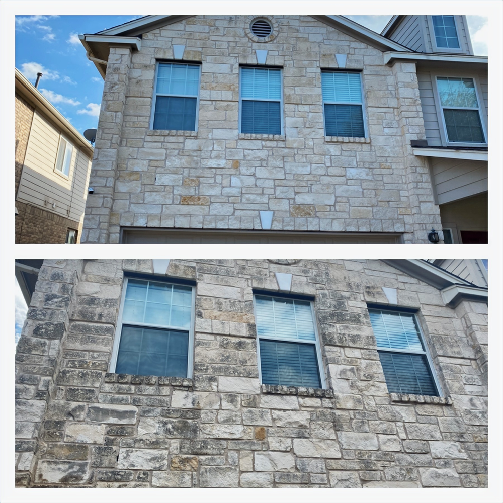 Before and After Picture of Brick House with Windows | Buda, TX | Texas Roots Property Care