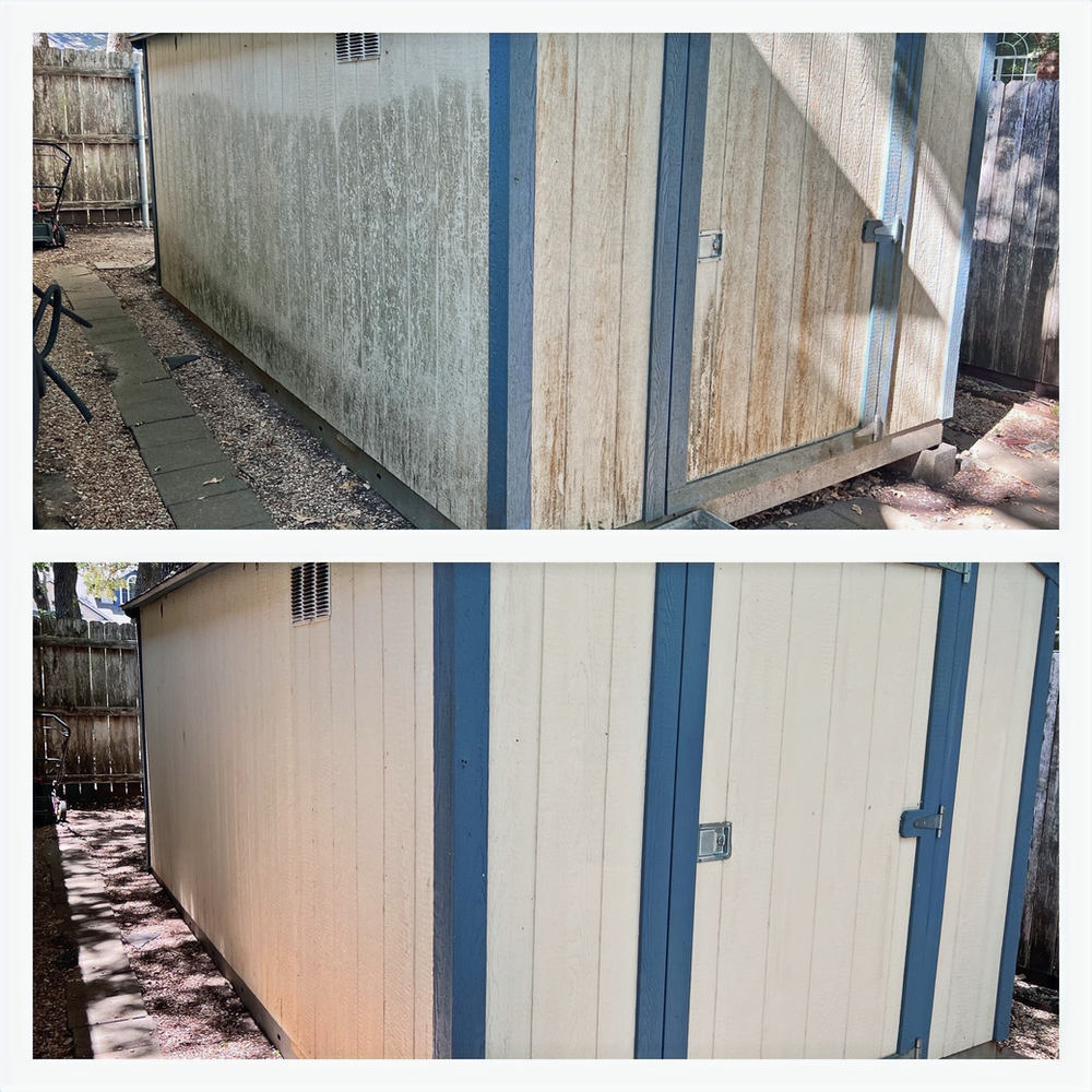 Before and After Picture of Shed Being Cleaned | Buda, TX | Texas Roots Property Care