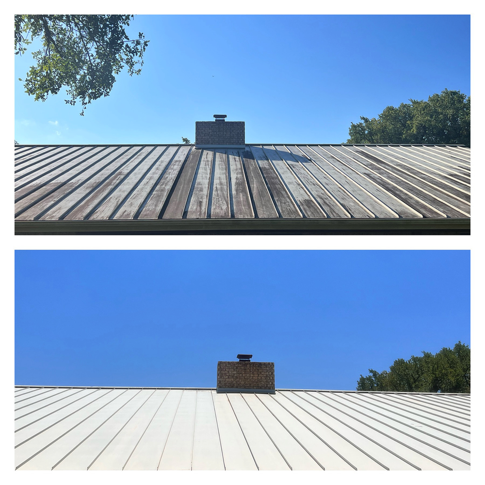 Before and After Picture of Roof with Chimney | Buda, TX | Texas Roots Property Care