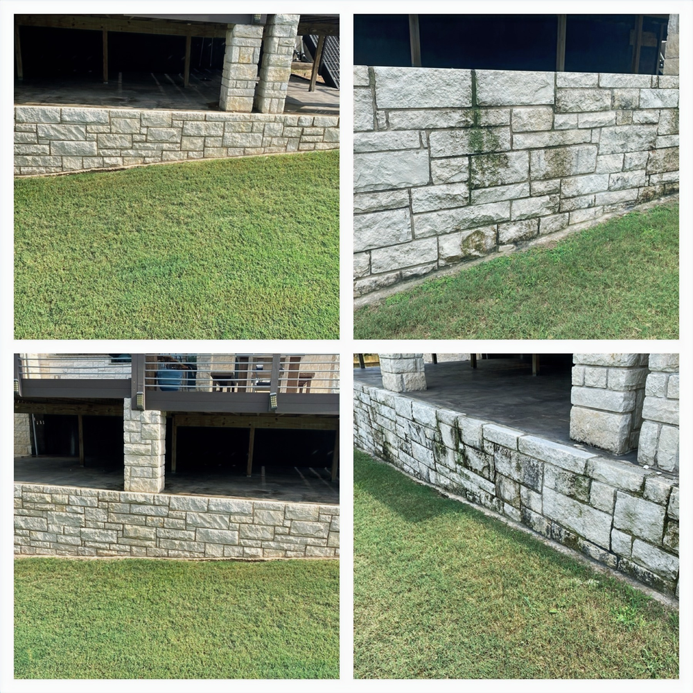 Collage of Four Pictures of Stone Wall and Lawn | Buda, TX | Texas Roots Property Care