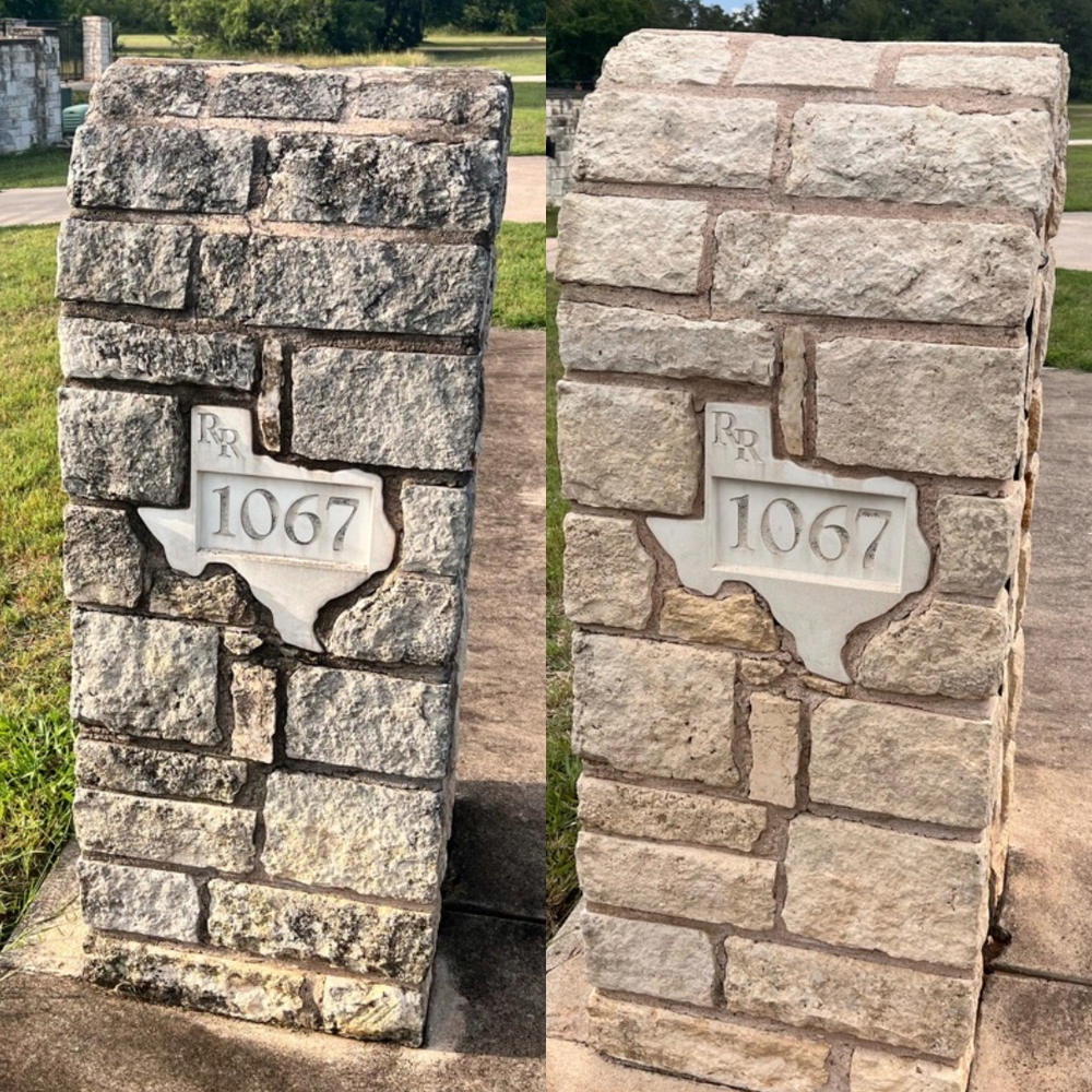 Before and After Photo of Brick Wall with Texas Sign | Buda, TX | Texas Roots Property Care