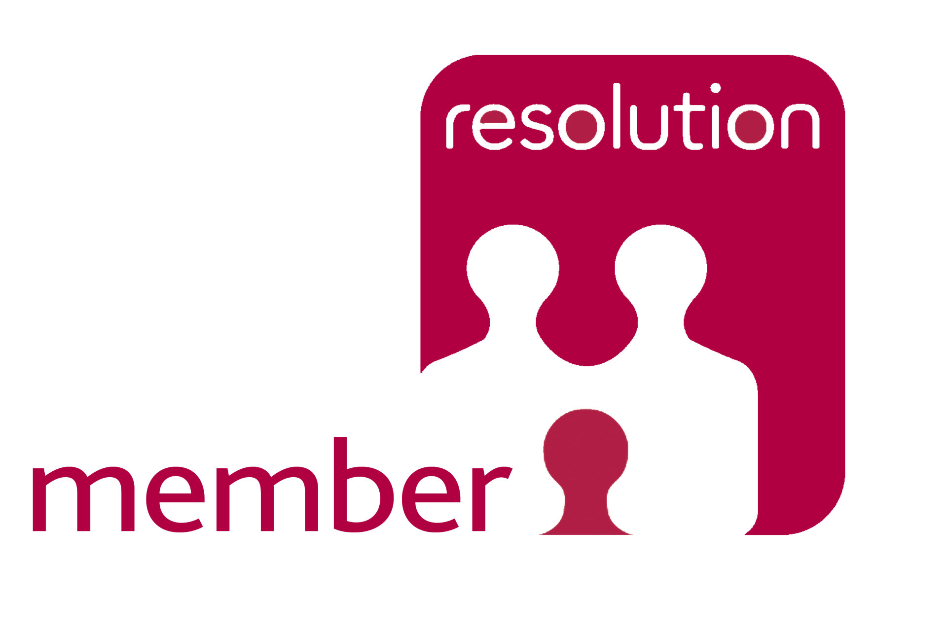 Resolution member logo with magenta text and abstract white figures on a burgundy square