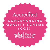 Pink CQS badge for the Law Society: “Accredited Conveyancing Quality Scheme” logo