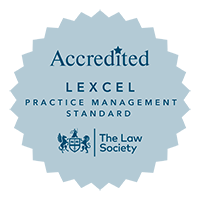 Accredited Lexcel Practice Management Standard badge with The Law Society logo in blue